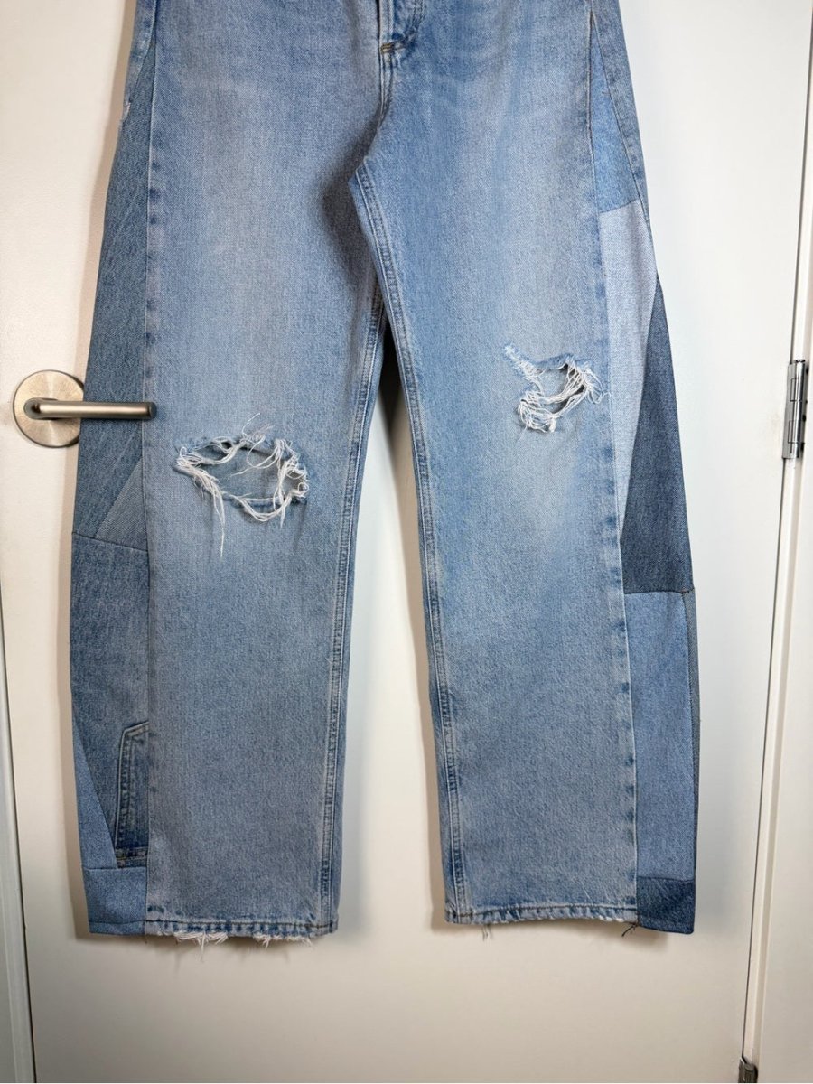 Agolde Light Blue Patchwork Wide Leg Jeans upcycled - TheRWDenimAGOLDE Light Blue Patchwork Wide Leg Upcycled Reworked Denim – TheRWDenim