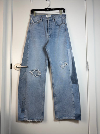 Agolde Light Blue Patchwork Wide Leg Jeans upcycled - TheRWDenimAGOLDE Light Blue Patchwork Wide Leg Upcycled Reworked Denim – TheRWDenim