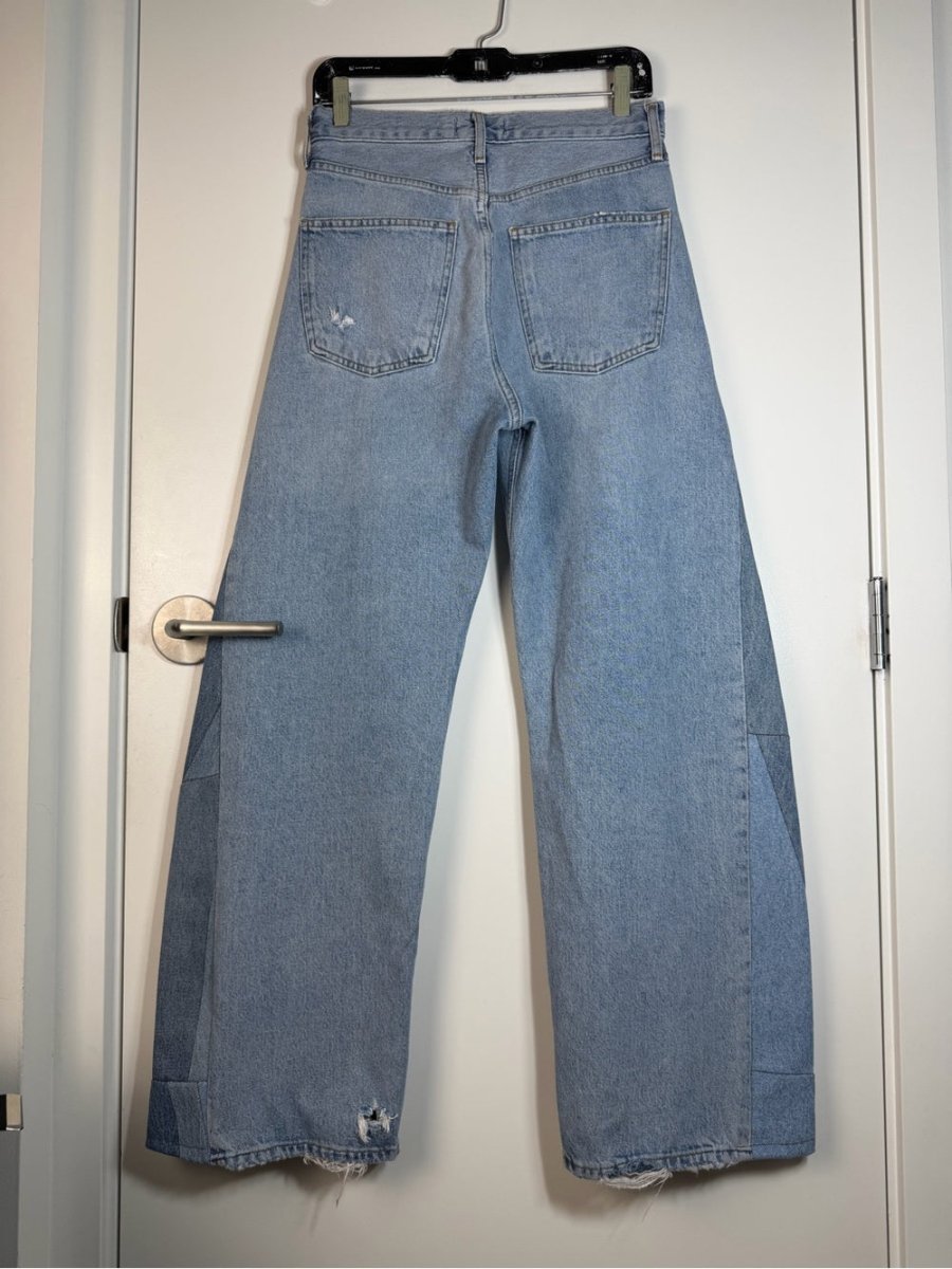 Agolde Light Blue Patchwork Wide Leg Jeans upcycled - TheRWDenimAGOLDE Light Blue Patchwork Wide Leg Upcycled Reworked Denim – TheRWDenim