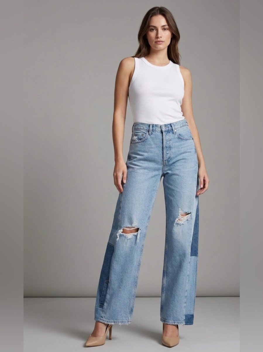 Agolde Light Blue Patchwork Wide Leg Jeans upcycled - TheRWDenimAGOLDE Light Blue Patchwork Wide Leg Upcycled Reworked Denim – TheRWDenim