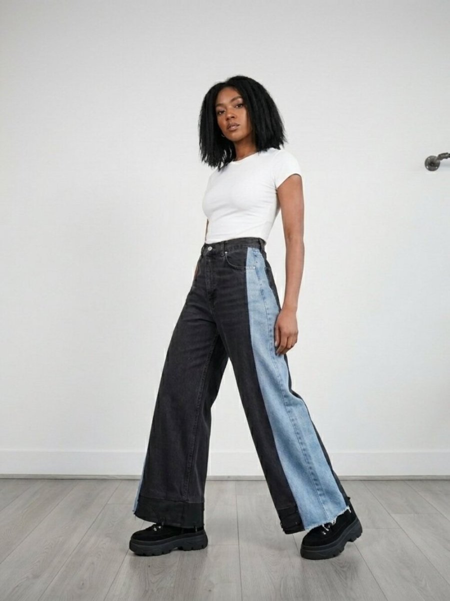 Color Block Wide Leg Jeans (Size 28) – Rare Edgy Style - TheRWDenimColor Block Wide Leg – Rare Edgy Style Patchwork Upcycled Reworked Denim – TheRWDenim