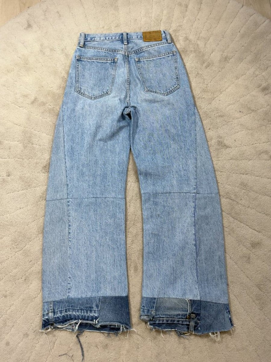 Denim Forum “The Nina” Super High Cigarette (30L) – Reworked - TheRWDenimDenim Forum The Nina Super High Cigarette Wide-Leg Blue Wash Upcycled Reworked Denim – TheRWDenim