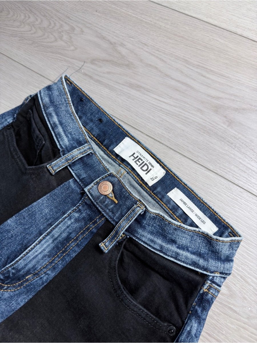 Dynamite Two-Tone Black and Blue Wide Leg reworked upcycled size 23 - TheRWDenimDynamite Two-Tone Black and Blue Wide Leg Patchwork Upcycled Reworked Denim – TheRWDenim