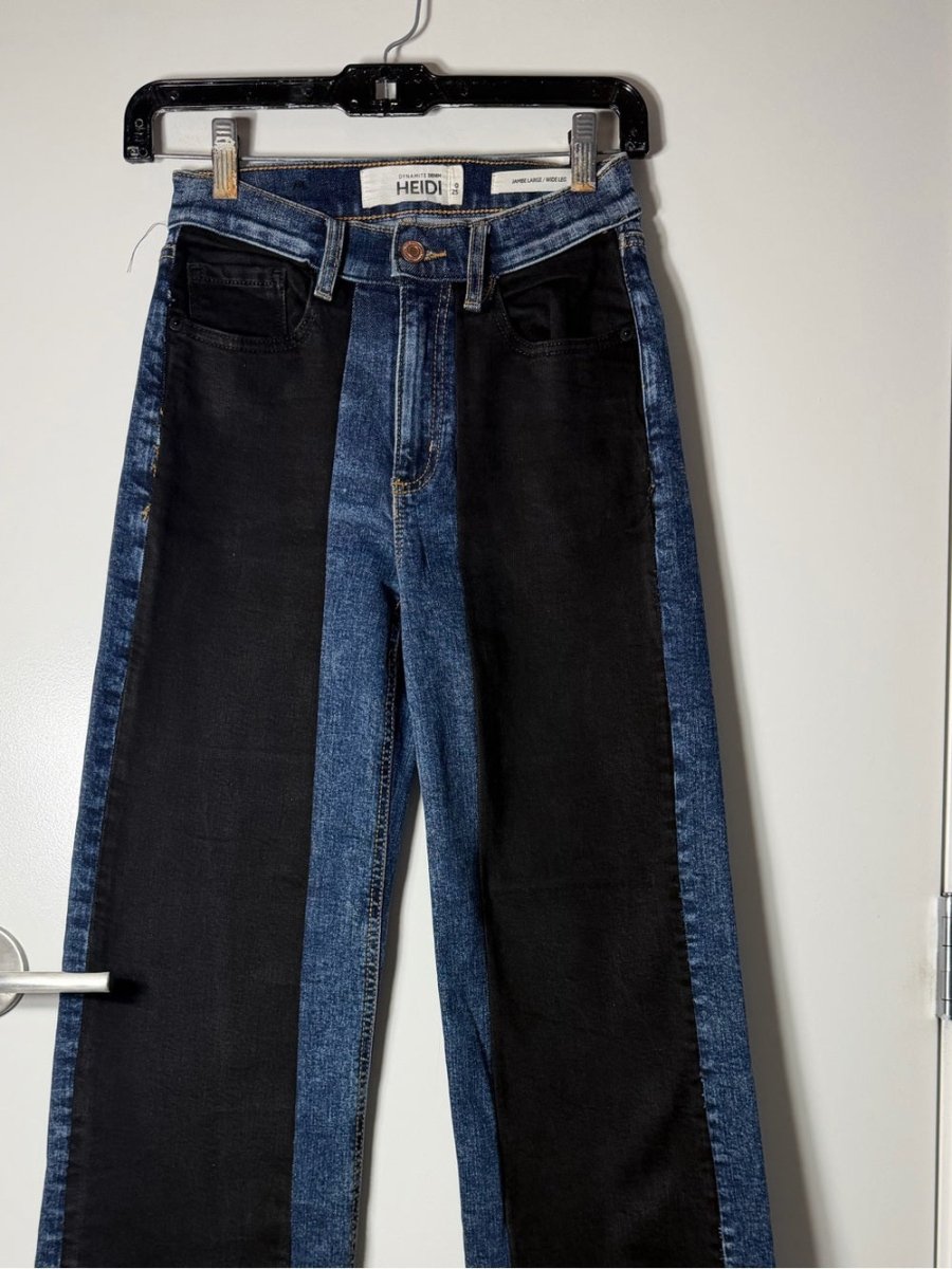 Dynamite Two-Tone Black and Blue Wide Leg reworked upcycled size 23 - TheRWDenimDynamite Two-Tone Black and Blue Wide Leg Patchwork Upcycled Reworked Denim – TheRWDenim