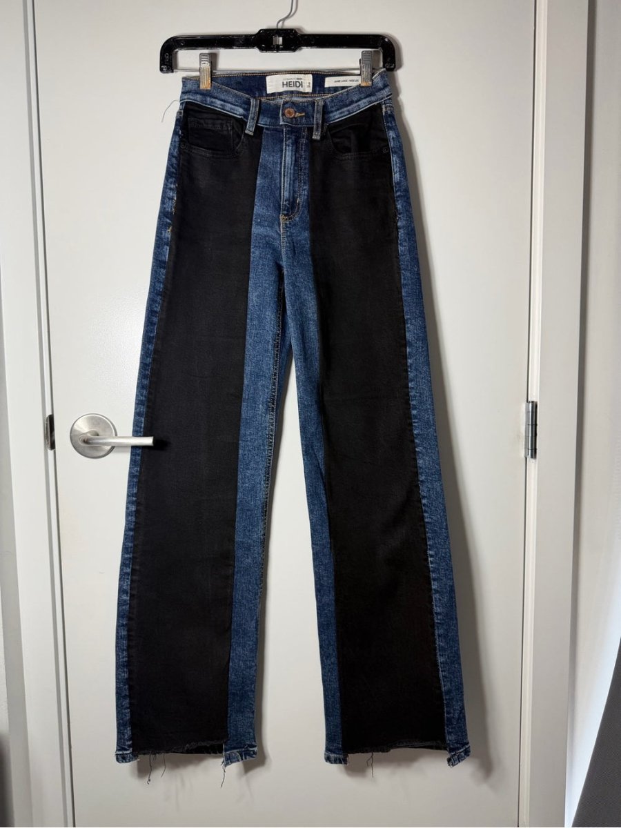 Dynamite Two-Tone Black and Blue Wide Leg reworked upcycled size 23 - TheRWDenimDynamite Two-Tone Black and Blue Wide Leg Patchwork Upcycled Reworked Denim – TheRWDenim