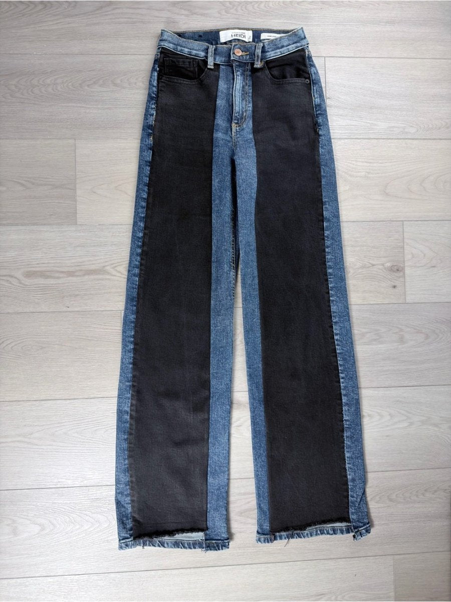 Dynamite Two-Tone Black and Blue Wide Leg reworked upcycled size 23 - TheRWDenimDynamite Two-Tone Black and Blue Wide Leg Patchwork Upcycled Reworked Denim – TheRWDenim