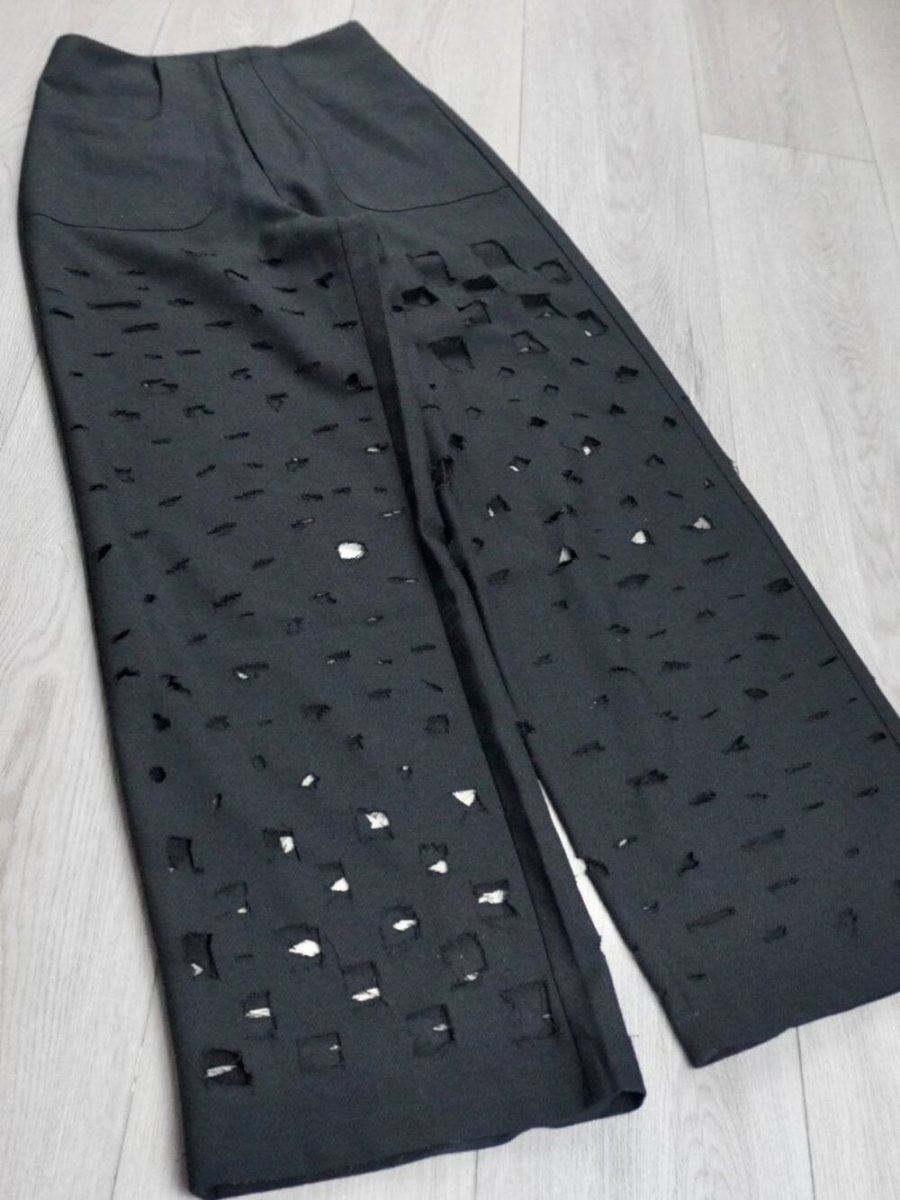 Handmade Distressed Black Wide Leg Pants Grunge Cut Out - TheRWDenimHandmade Distressed Black Wide Leg Pants Grunge Cut Out Upcycled Reworked Denim – TheRWDenim
