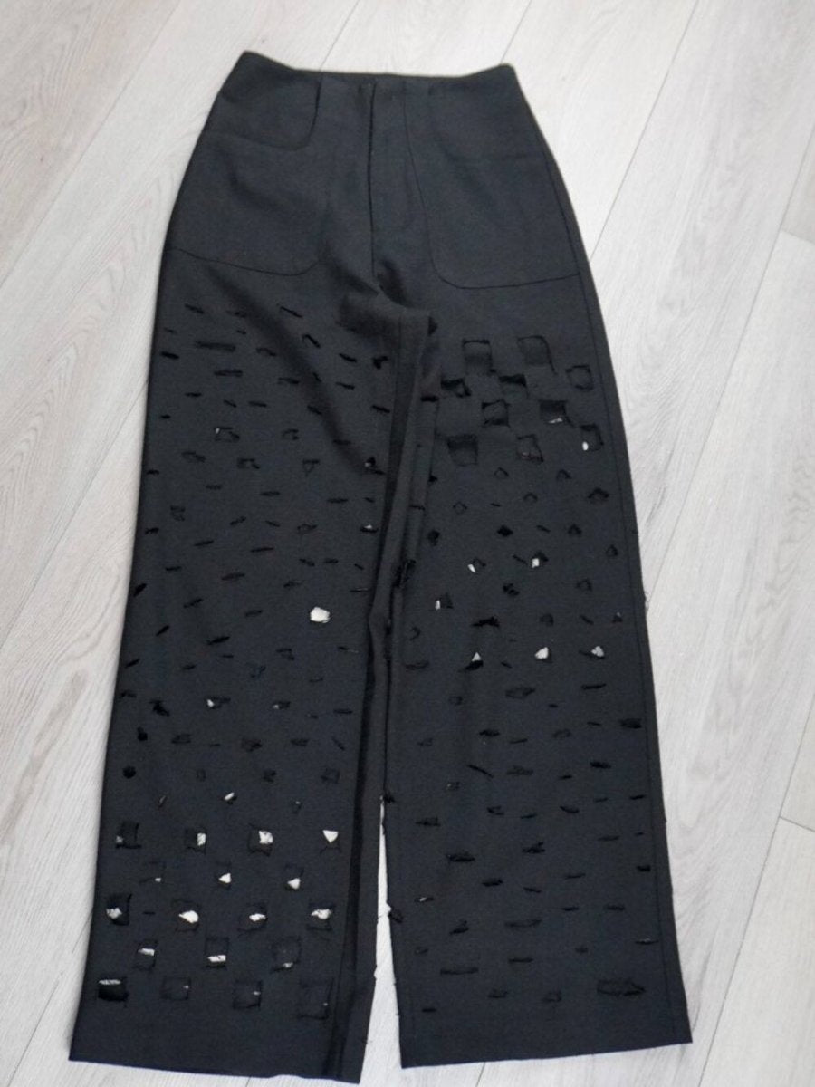 Handmade Distressed Black Wide Leg Pants Grunge Cut Out - TheRWDenimHandmade Distressed Black Wide Leg Pants Grunge Cut Out Upcycled Reworked Denim – TheRWDenim