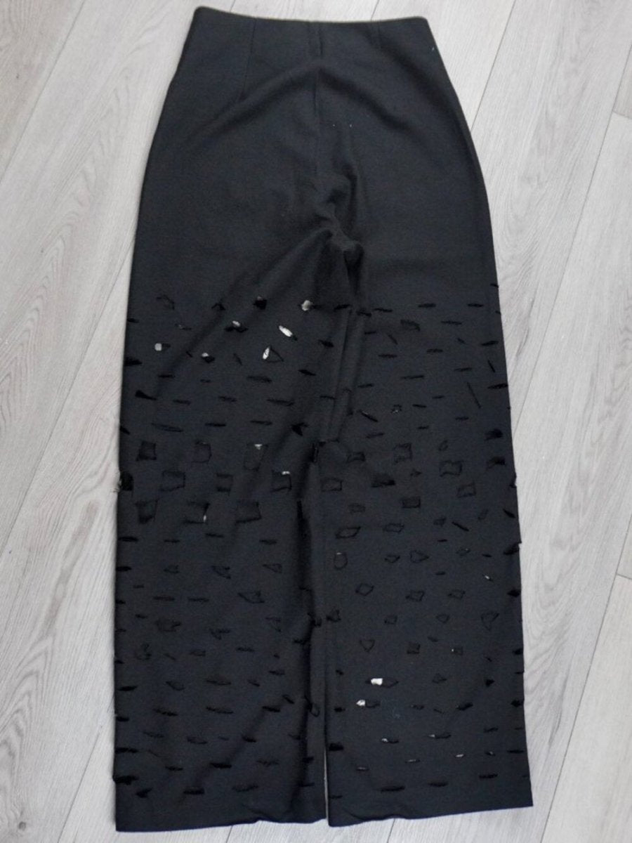 Handmade Distressed Black Wide Leg Pants Grunge Cut Out - TheRWDenimHandmade Distressed Black Wide Leg Pants Grunge Cut Out Upcycled Reworked Denim – TheRWDenim