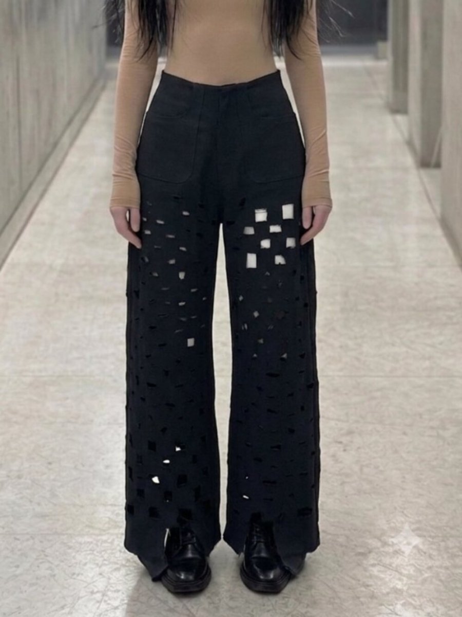 Handmade Distressed Black Wide Leg Pants Grunge Cut Out - TheRWDenimHandmade Distressed Black Wide Leg Pants Grunge Cut Out Upcycled Reworked Denim – TheRWDenim