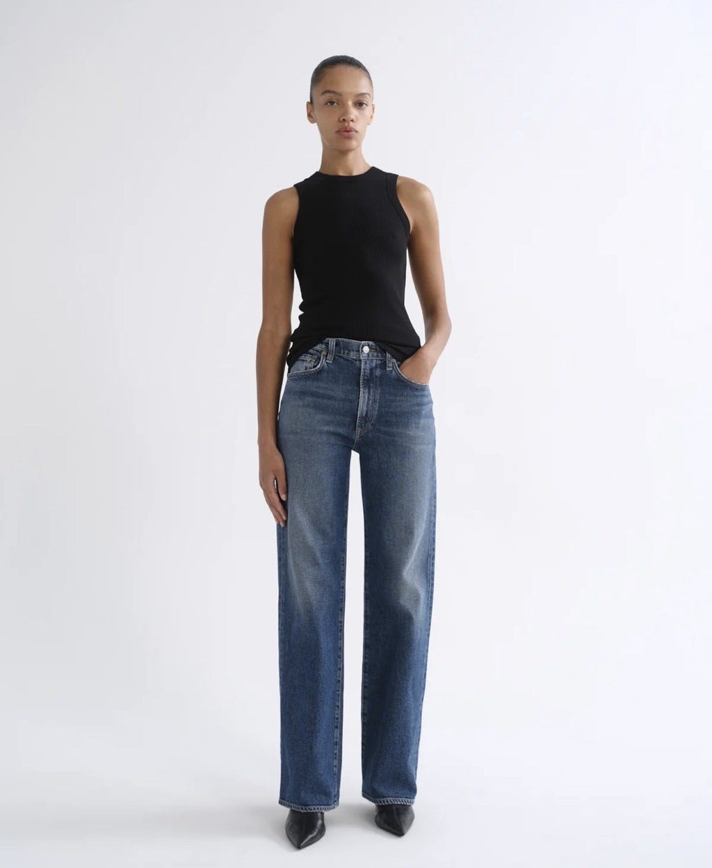 AGOLDE Harper dark wash jean on model
