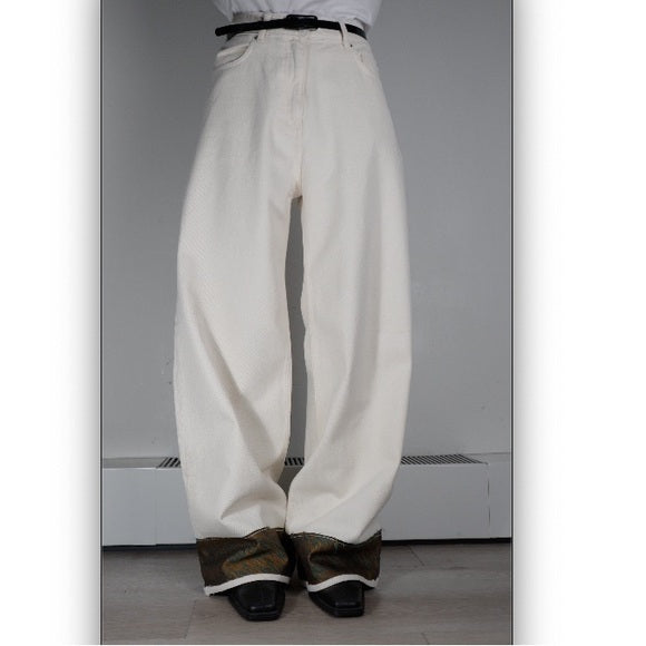 High-Rise Cream Wide-Leg Jeans with Contrasting Printed Cuff