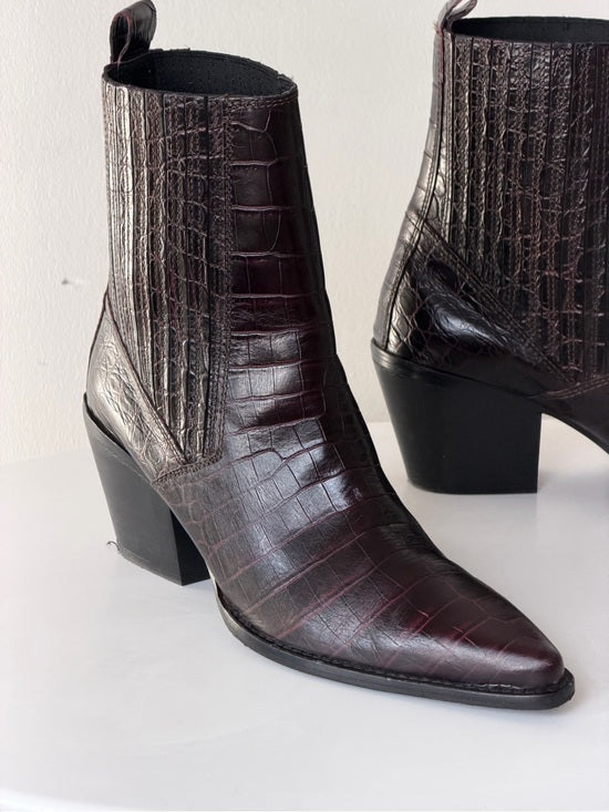 Zara Croc-Embossed Pointed Ankle Boots in Dark Burgundy
