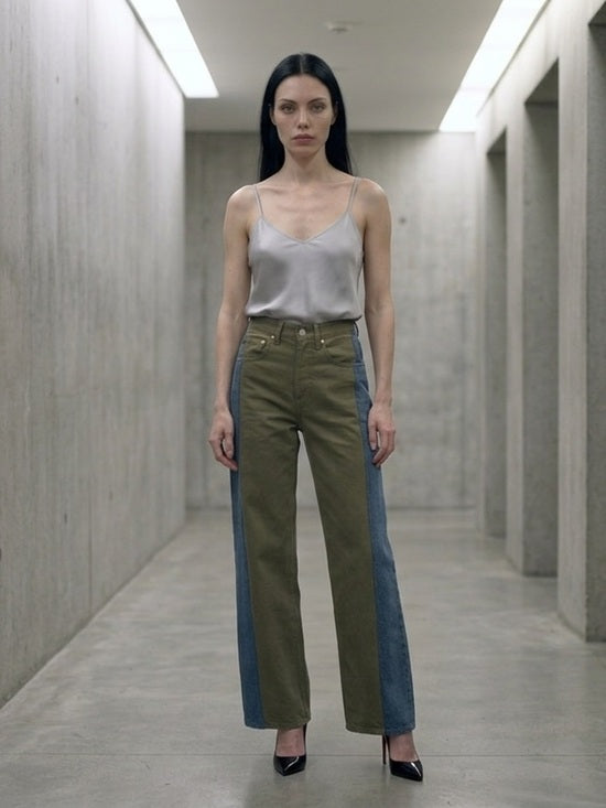 Reworked Two tone green and blue panel high rise wide leg jeans