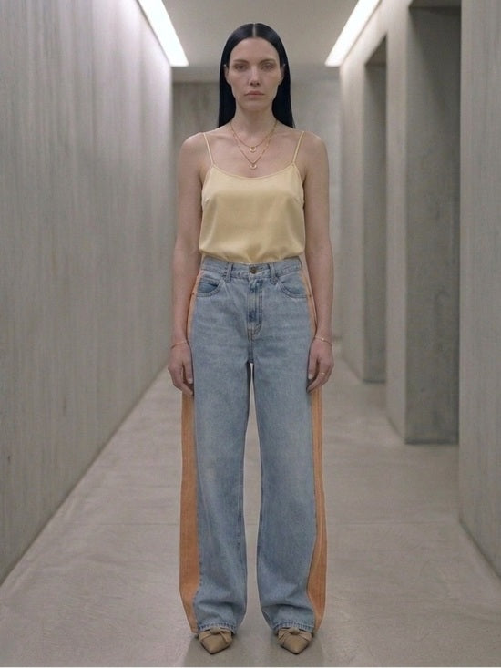 Reworked Levi's Light Blue Jeans with Tan Side Panels - Wide Leg