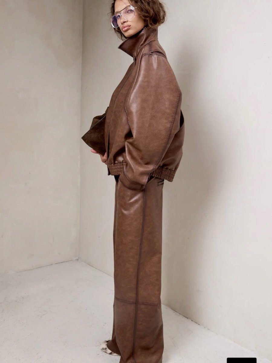 OAK + FORT Chestnut Brown Leather Trousers - TheRWDenimOAK + FORT Chestnut Brown Leather Trousers Wide-Leg – TheRWDenim