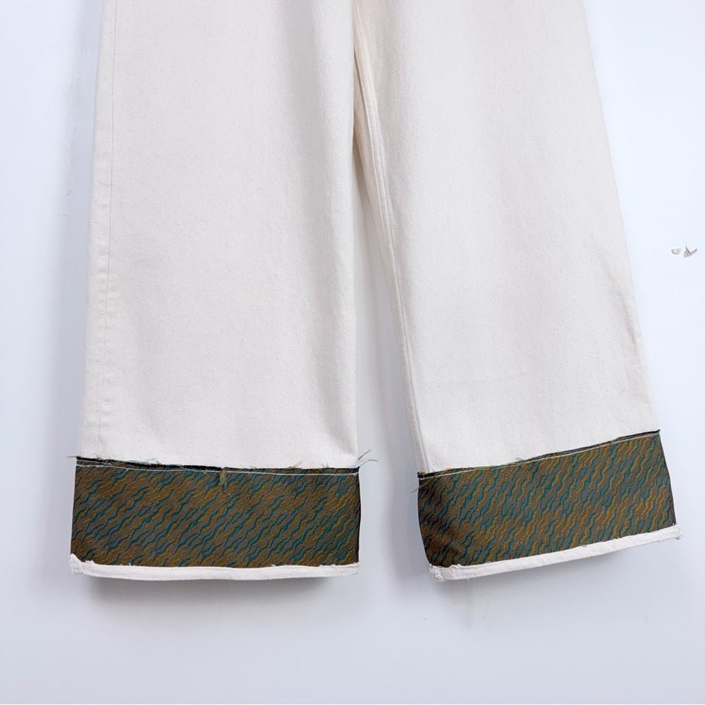 Relaxed Cream Wide-Leg Jeans with pattern Cuff - TheRWDenimRelaxed Cream Wide-Leg with Pattern Cuff Beige – TheRWDenim