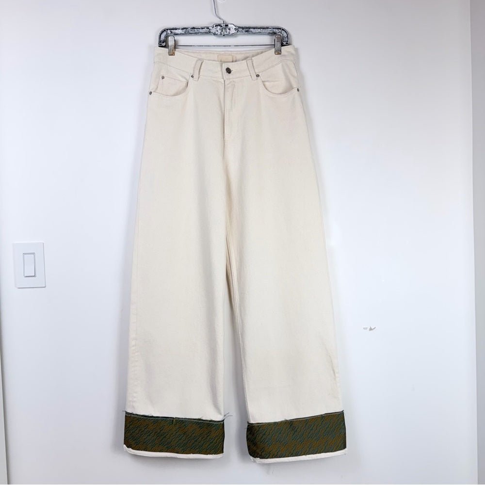 Relaxed Cream Wide-Leg Jeans with pattern Cuff - TheRWDenimRelaxed Cream Wide-Leg with Pattern Cuff Beige – TheRWDenim