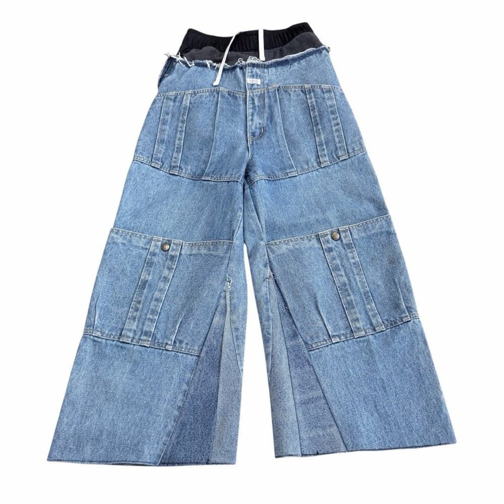 Reworked into Wide Leg Patchwork Denim Jeans in Light Blue - TheRWDenimInto Wide Leg Patchwork Denim in Light Blue Upcycled Reworked Denim – TheRWDenim