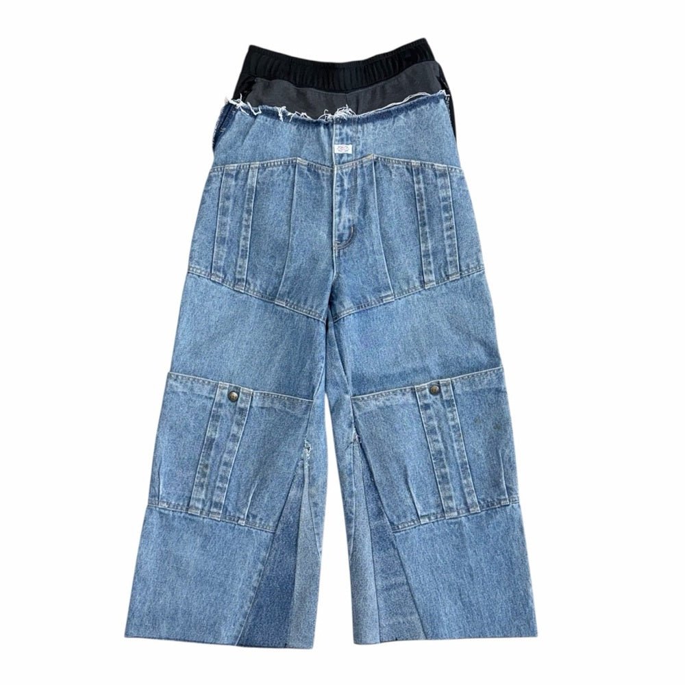 Reworked into Wide Leg Patchwork Denim Jeans in Light Blue - TheRWDenimInto Wide Leg Patchwork Denim in Light Blue Upcycled Reworked Denim – TheRWDenim