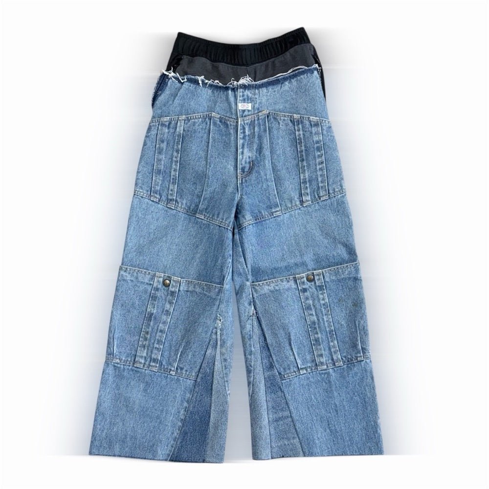 Reworked into Wide Leg Patchwork Denim Jeans in Light Blue - TheRWDenimInto Wide Leg Patchwork Denim in Light Blue Upcycled Reworked Denim – TheRWDenim
