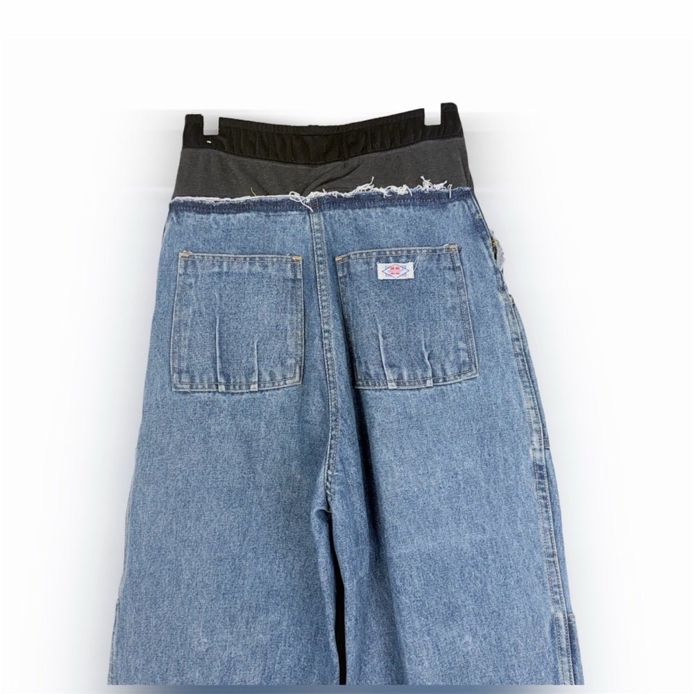 Reworked into Wide Leg Patchwork Denim Jeans in Light Blue - TheRWDenimInto Wide Leg Patchwork Denim in Light Blue Upcycled Reworked Denim – TheRWDenim