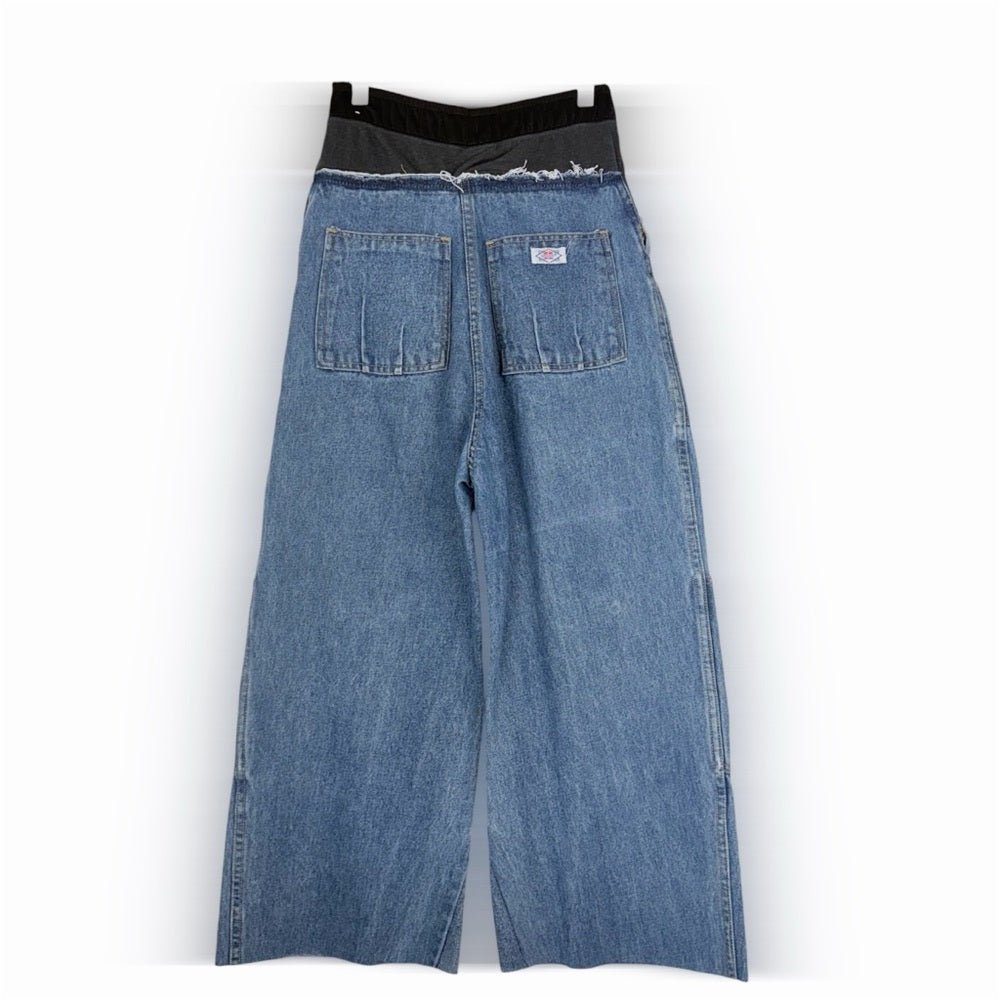 Reworked into Wide Leg Patchwork Denim Jeans in Light Blue - TheRWDenimInto Wide Leg Patchwork Denim in Light Blue Upcycled Reworked Denim – TheRWDenim