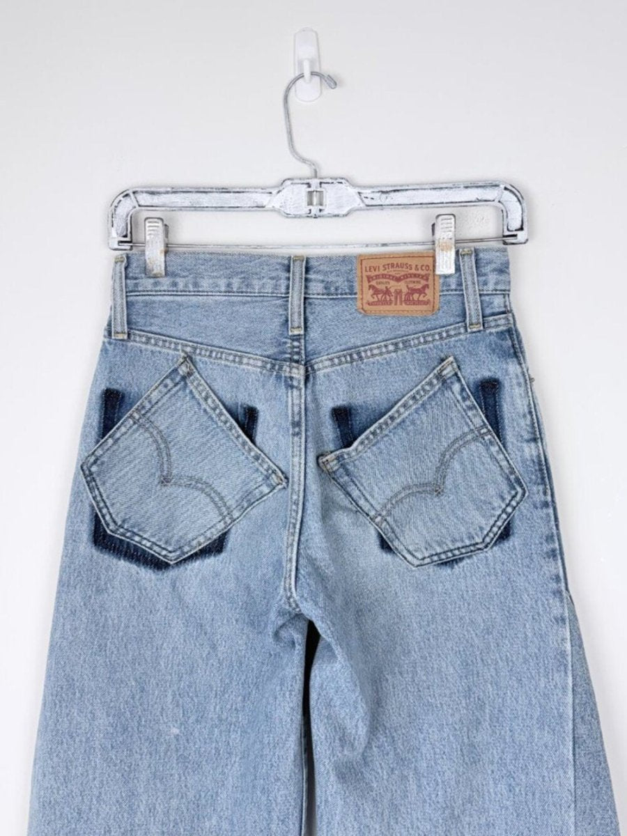 Reworked Levi’s low curve size 23 - TheRWDenimLevi's Low Curve Wide-Leg Blue Wash Upcycled Reworked Denim – TheRWDenim