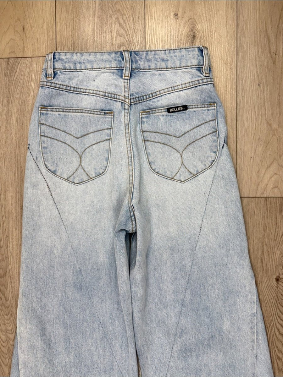 Upcycled Rolla's Jeans High Rise Wide Leg full legnth size 24 - TheRWDenimRolla's High Rise Wide Leg Full Length Blue Wash Upcycled Reworked Denim – TheRWDenim