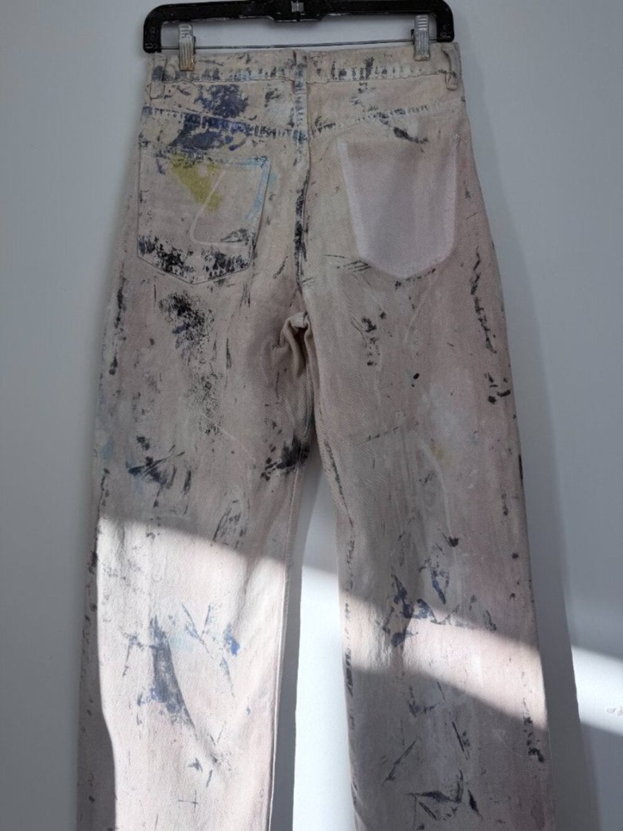 Zara Reworked – After the War painting wide leg size 24 - TheRWDenimZara After the War Painting Wide Leg Beige Upcycled Reworked Denim – TheRWDenim