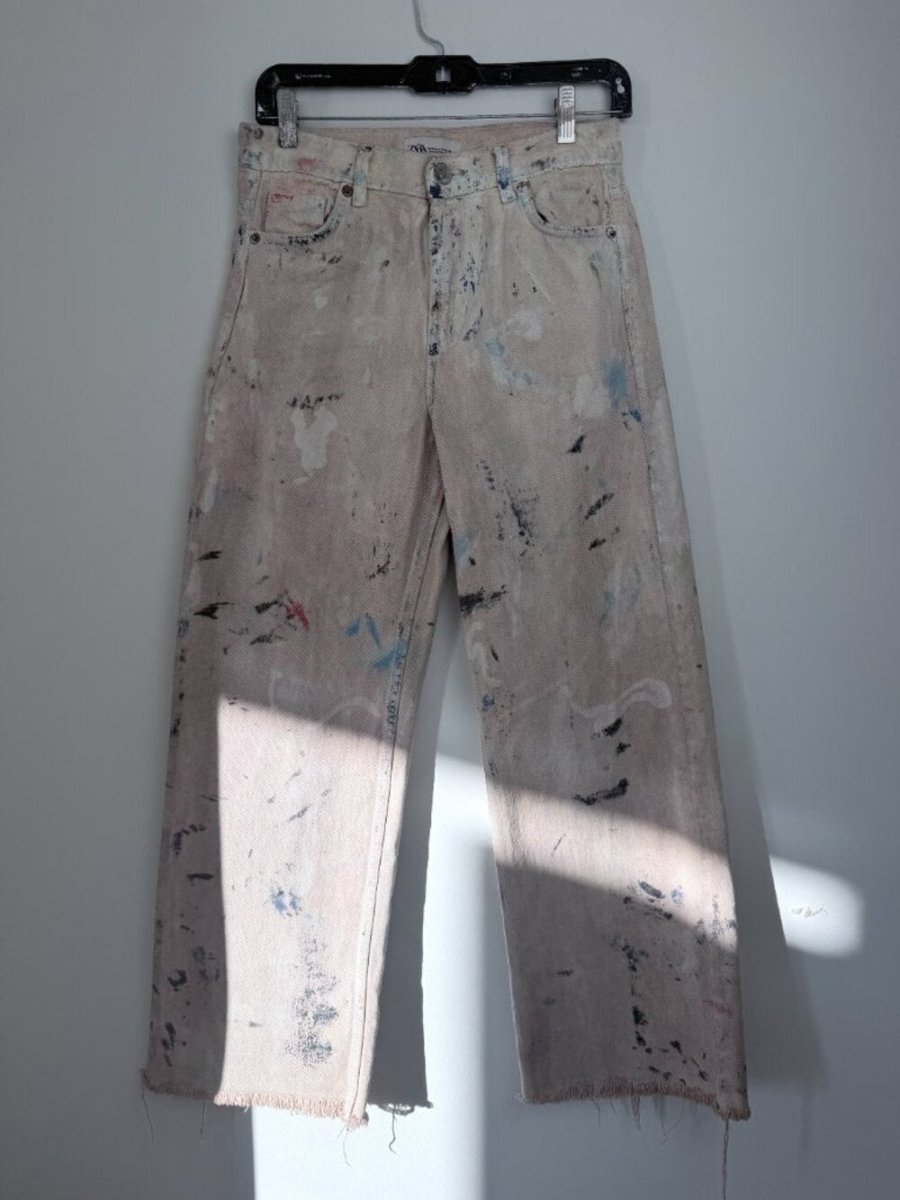Zara Reworked – After the War painting wide leg size 24 - TheRWDenimZara After the War Painting Wide Leg Beige Upcycled Reworked Denim – TheRWDenim