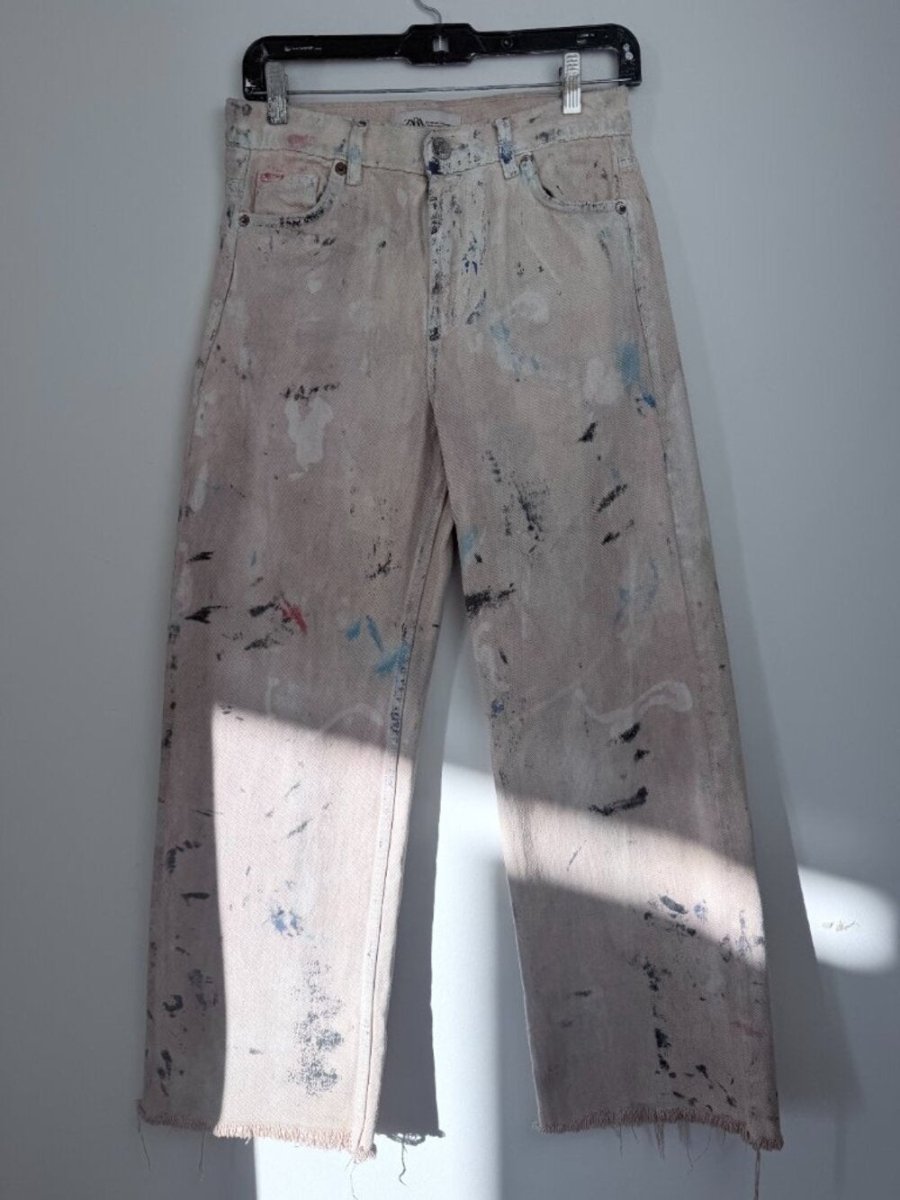 Zara Reworked – After the War painting wide leg size 24 - TheRWDenimZara After the War Painting Wide Leg Beige Upcycled Reworked Denim – TheRWDenim