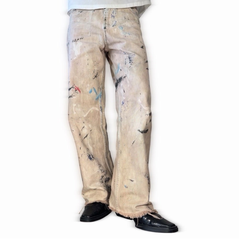 Zara Reworked – After the War painting wide leg size 24 - TheRWDenimZara After the War Painting Wide Leg Beige Upcycled Reworked Denim – TheRWDenim