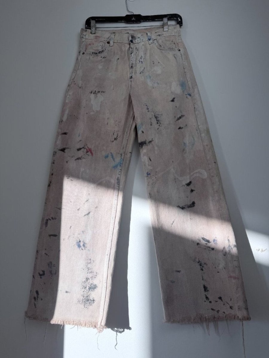 Zara Reworked – After the War painting wide leg size 24 - TheRWDenimZara After the War Painting Wide Leg Beige Upcycled Reworked Denim – TheRWDenim