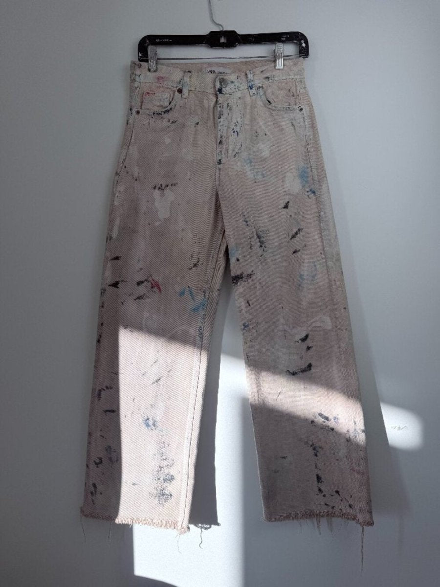 Zara Reworked – After the War painting wide leg size 24 - TheRWDenimZara After the War Painting Wide Leg Beige Upcycled Reworked Denim – TheRWDenim