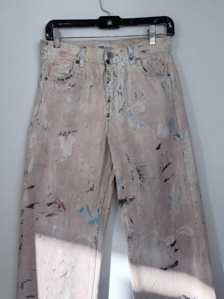 Zara Reworked – After the War painting wide leg size 24 - TheRWDenimZara After the War Painting Wide Leg Beige Upcycled Reworked Denim – TheRWDenim