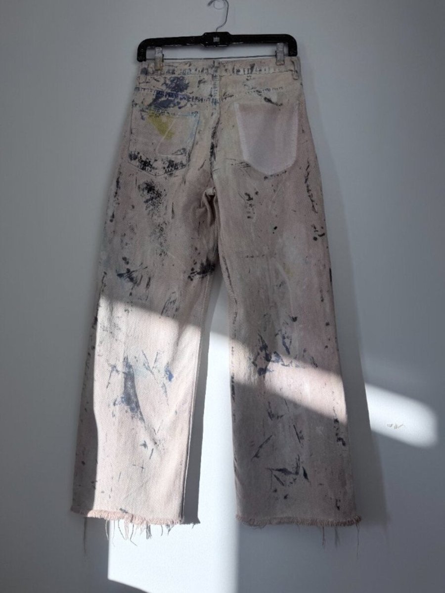 Zara Reworked – After the War painting wide leg size 24 - TheRWDenimZara After the War Painting Wide Leg Beige Upcycled Reworked Denim – TheRWDenim